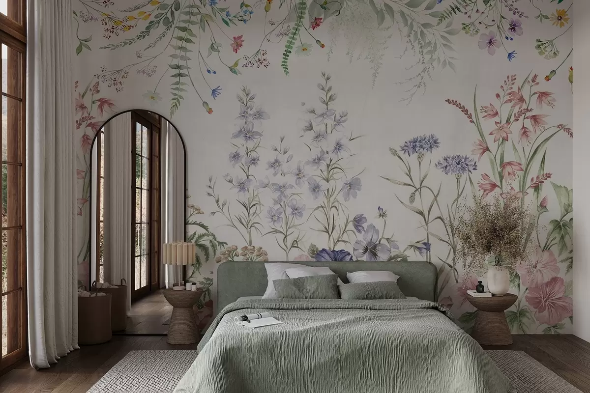 Fototapeedid Floraalne tekstuurne paigutus värviliste lillede ja roheliste lehtedega, botaaniline illustratsioon , pehmed pastelsed värvid, vintage stiilis w09143