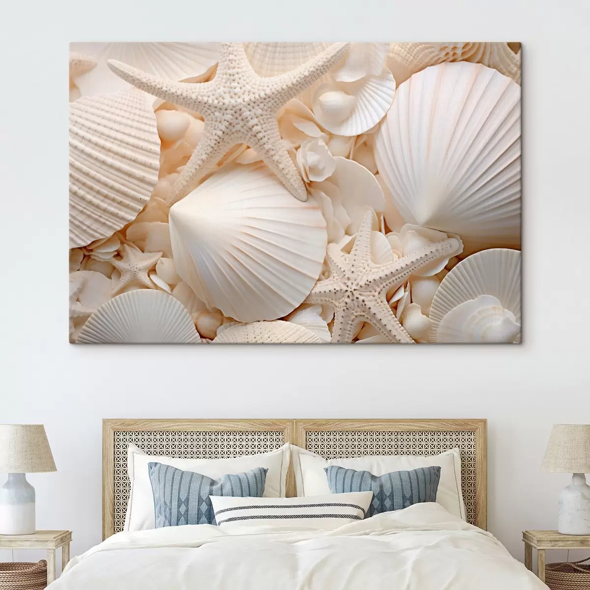 Pilt Dekoratiivsed valged merekarbid ja meritähed, mis loovad tekstuurse ühevärvilise kompositsiooni s44392