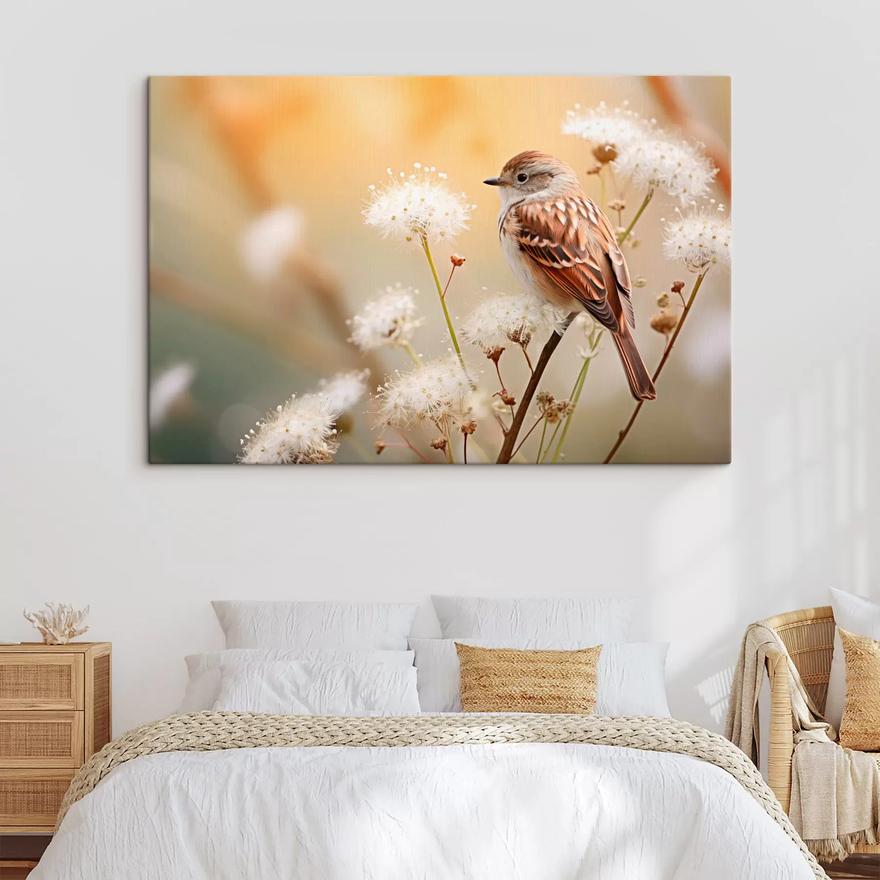 Fototapeedid Linnuke istub valge lillega oksa peal, pehme fookus, loodusfoonil s44393