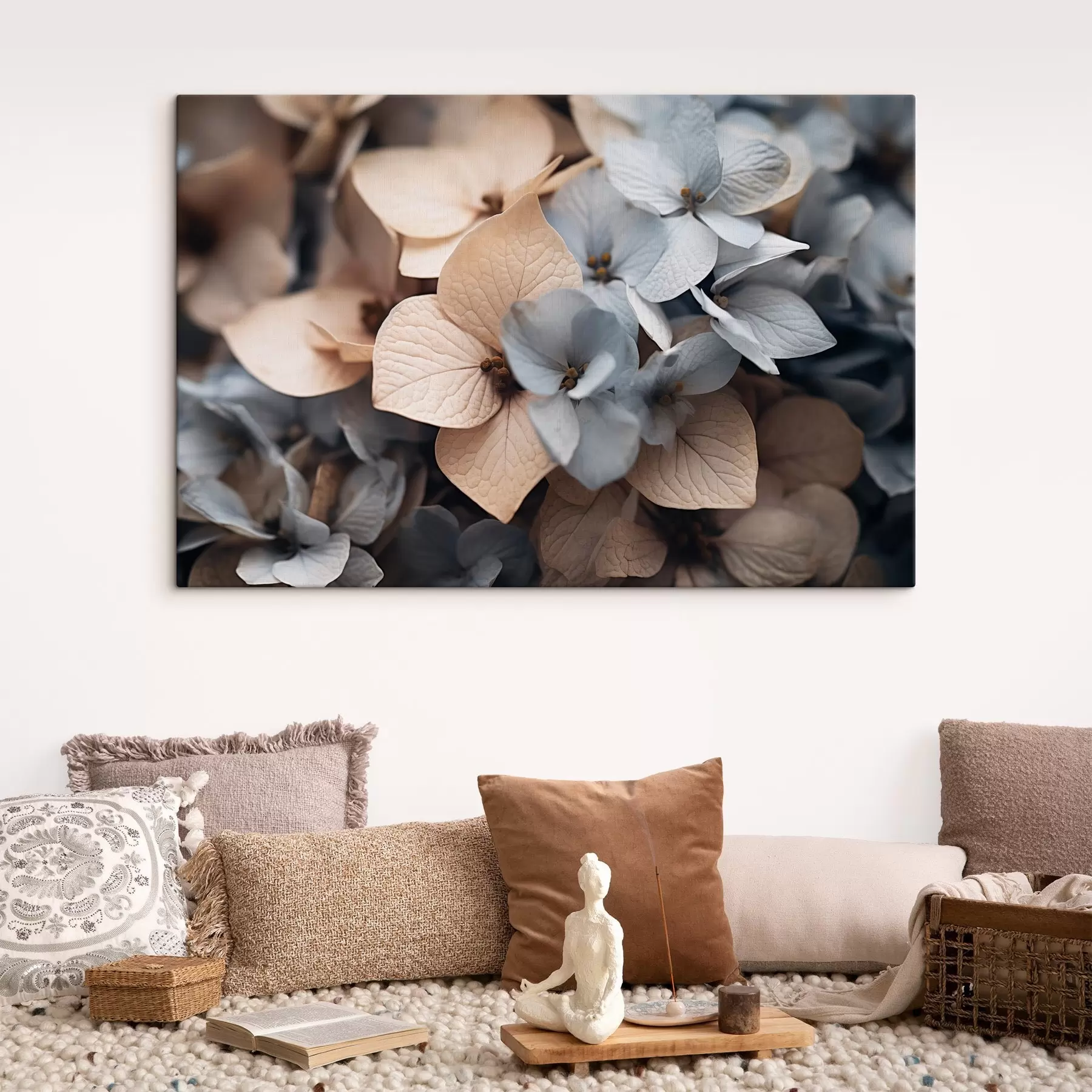 Fototapeedid Hortensialilled, helesinised ja beežid kroonlehed, üksikasjalike tekstuuridega, elegantne lilleseade s44394