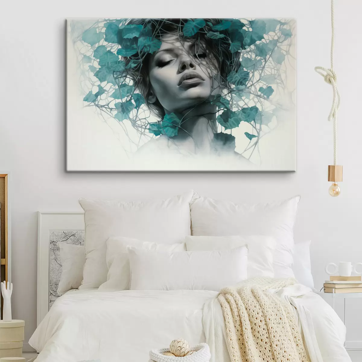 Pilt Suletud silmadega naise portree, ümbritsetud roheliste lehtede ja okstega s44399