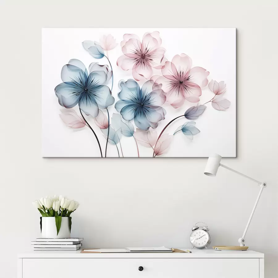 Pilt Läbipaistvad roosad ja sinised õied, mille õied ja varred on nähtavad s44405