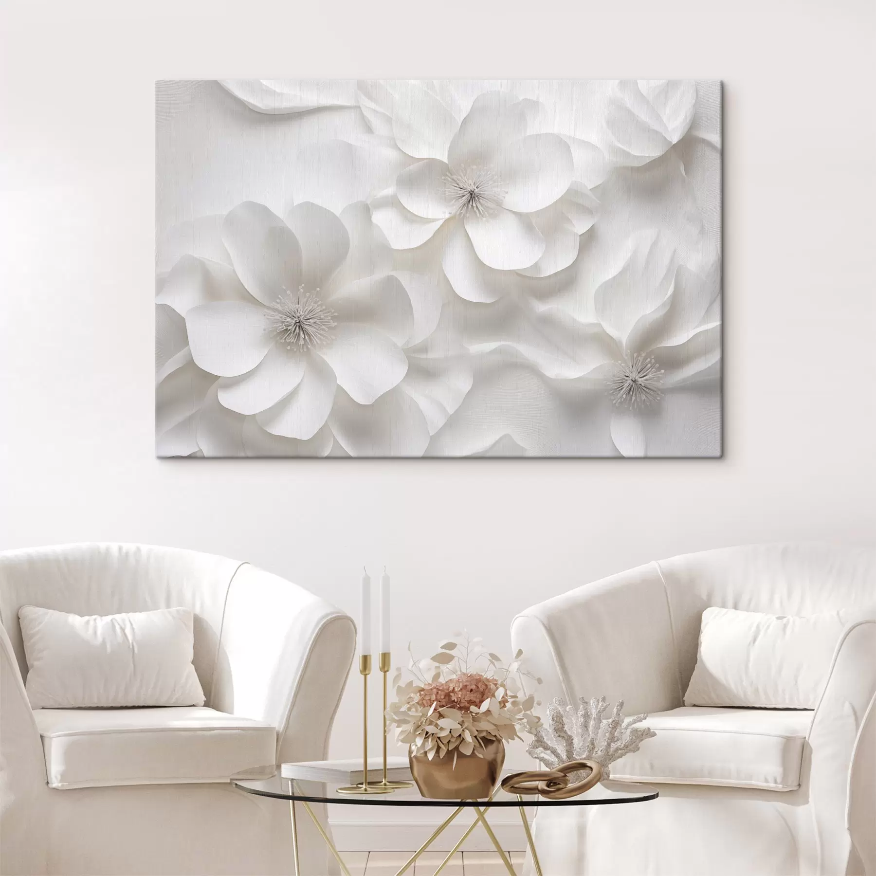 Pilt Valged dekoratiivsed õied õrnade kroonlehtede ja keeruliste õietuppidega  s44406