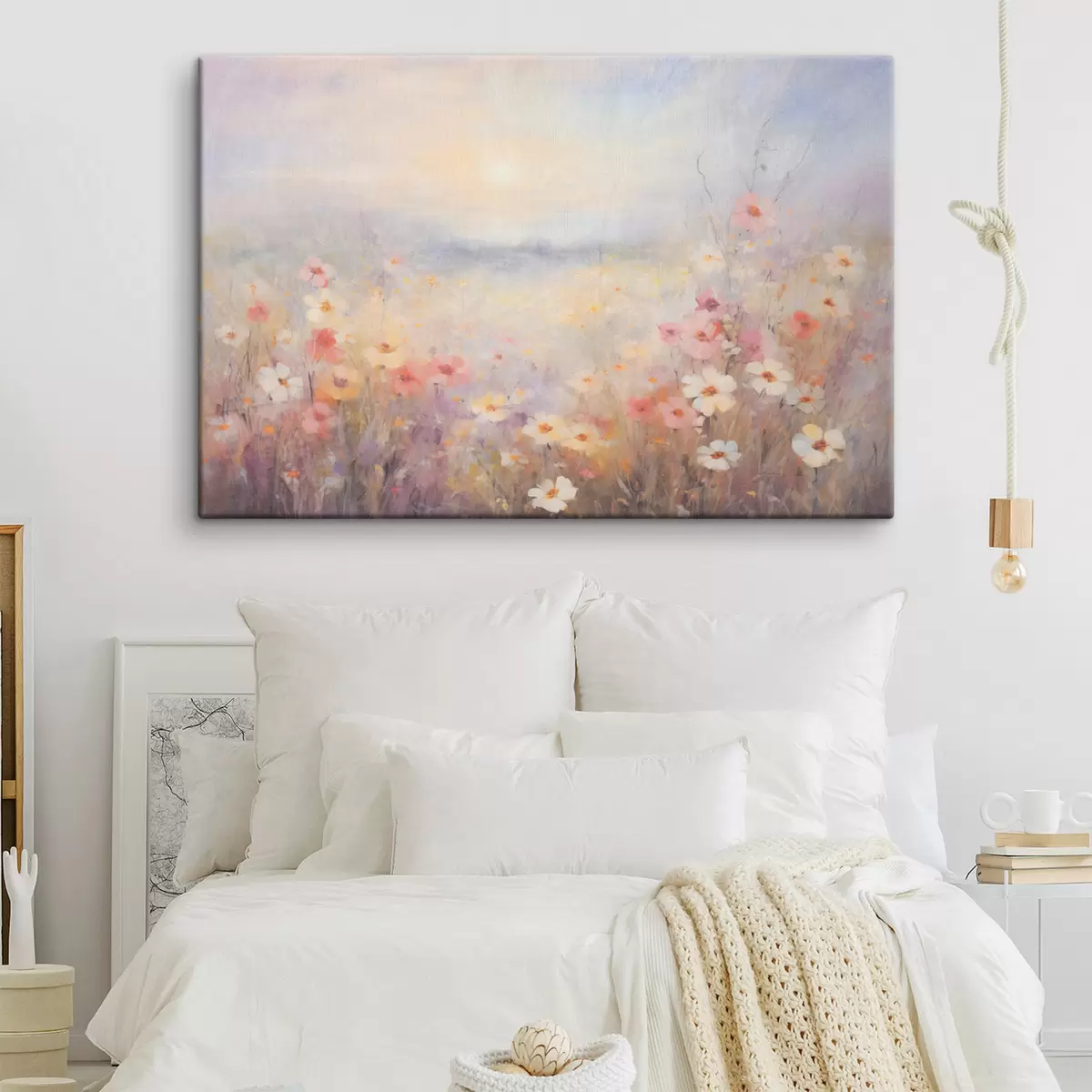 Pilt Tekstuurne päikeseline lillepõllu maastik, pehmed pastelsed värvid, unenäoline atmosfäär s44408