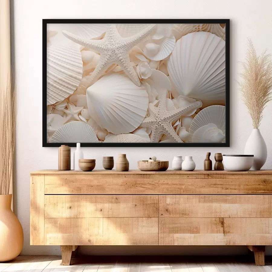 Fototapeedid Dekoratiivsed valged merekarbid ja meritähed, mis loovad tekstuurse ühevärvilise kompositsiooni f44392