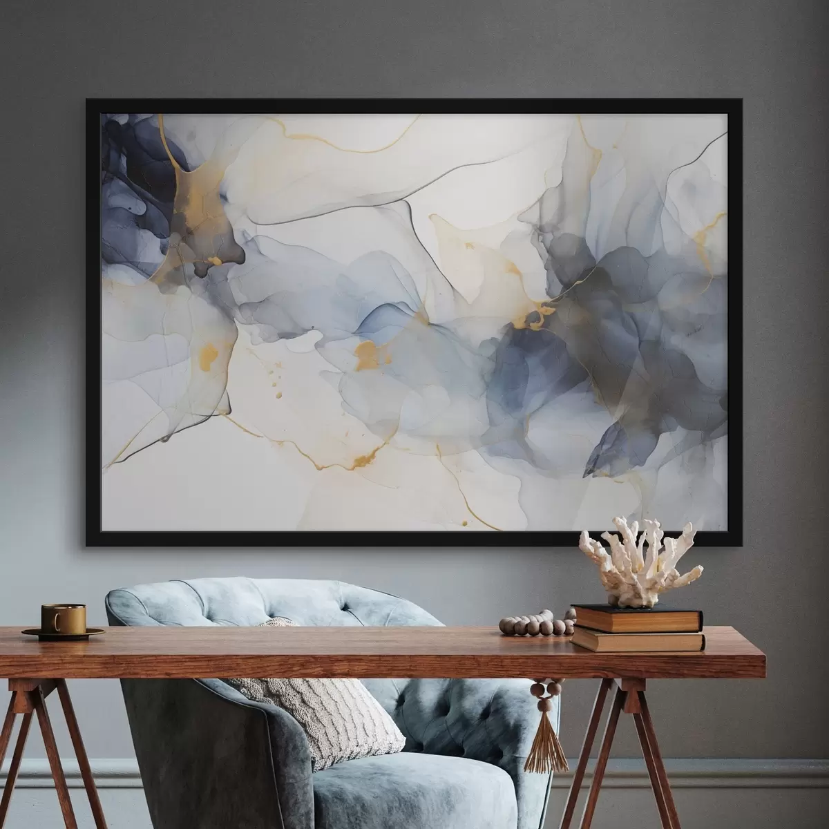 Plakat Abstraktne maal sinise tindiga, vedelad ja orgaanilised kujundid, õrnad tekstuurid valgel taustal f44397