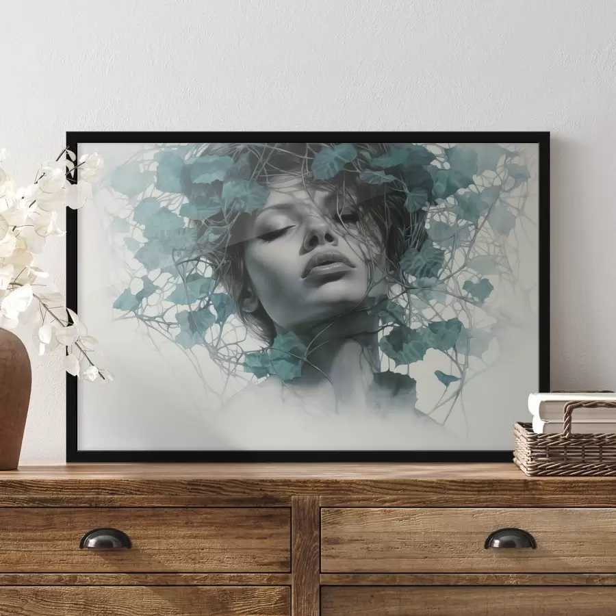 Fototapeedid Suletud silmadega naise portree, ümbritsetud roheliste lehtede ja okstega f44399