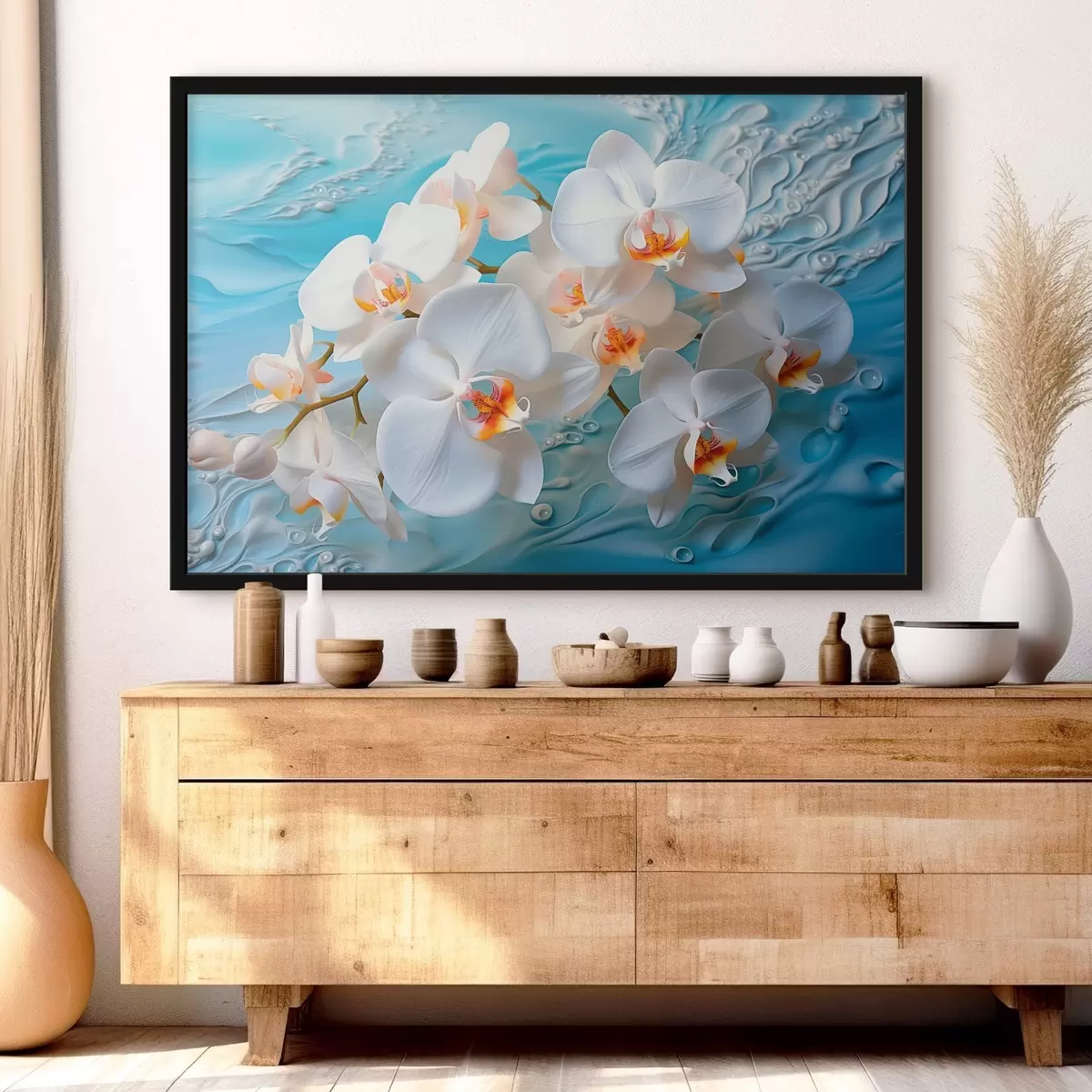 Plakat Valged orhideed, paigutatud helesinisele pinnale veetilkadega, pehme valgustus f44401