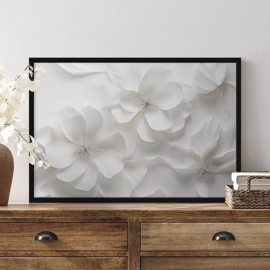 Fototapeedid Valged dekoratiivsed õied õrnade kroonlehtede ja keeruliste õietuppidega f44406