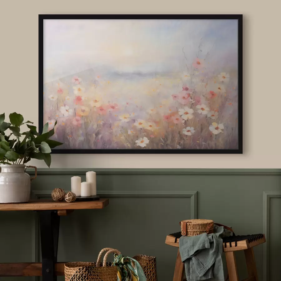 Fototapeedid Tekstuurne päikeseline lillepõllu maastik, pehmed pastelsed värvid, unenäoline atmosfäär f44408