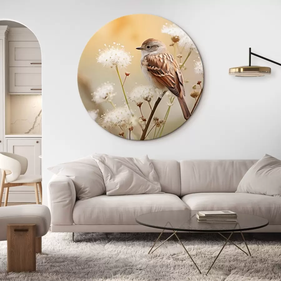 Fototapeedid Linnuke istub valge lillega oksa peal, pehme fookus, loodusfoonil r44393