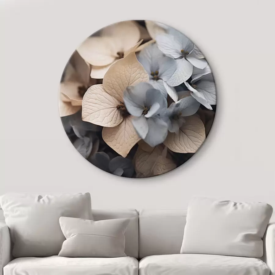 Fototapeedid Hortensialilled, helesinised ja beežid kroonlehed, üksikasjalike tekstuuridega, elegantne lilleseade r44394