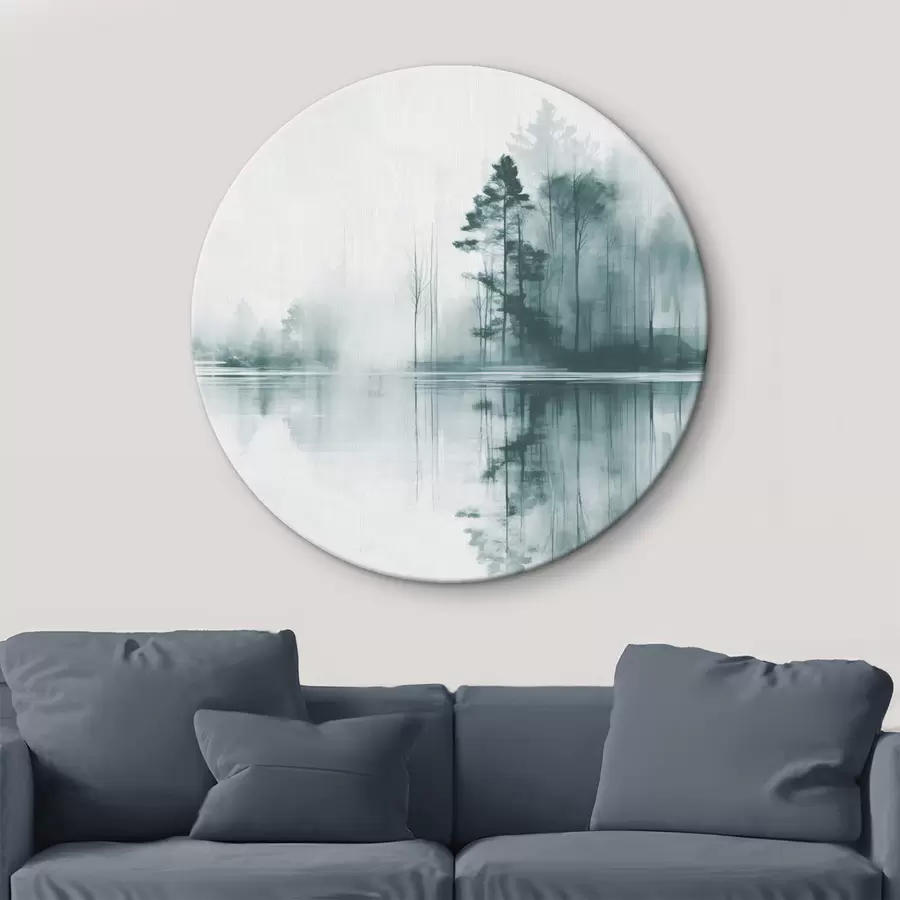 Pilt Abstraktne mets, kus kõrged puud peegelduvad vees, summutatud värvipalett r44403