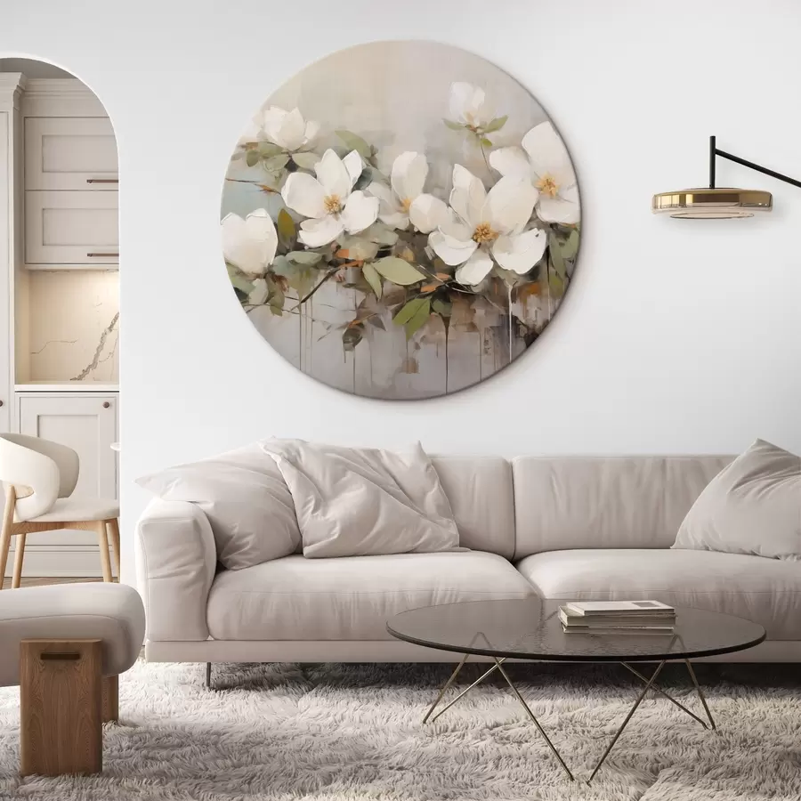 Pilt Valged magnoolia lilled koos roheliste lehtedega oksal, pehmed pintslitõmbed, vaoshoitud värvid r44404