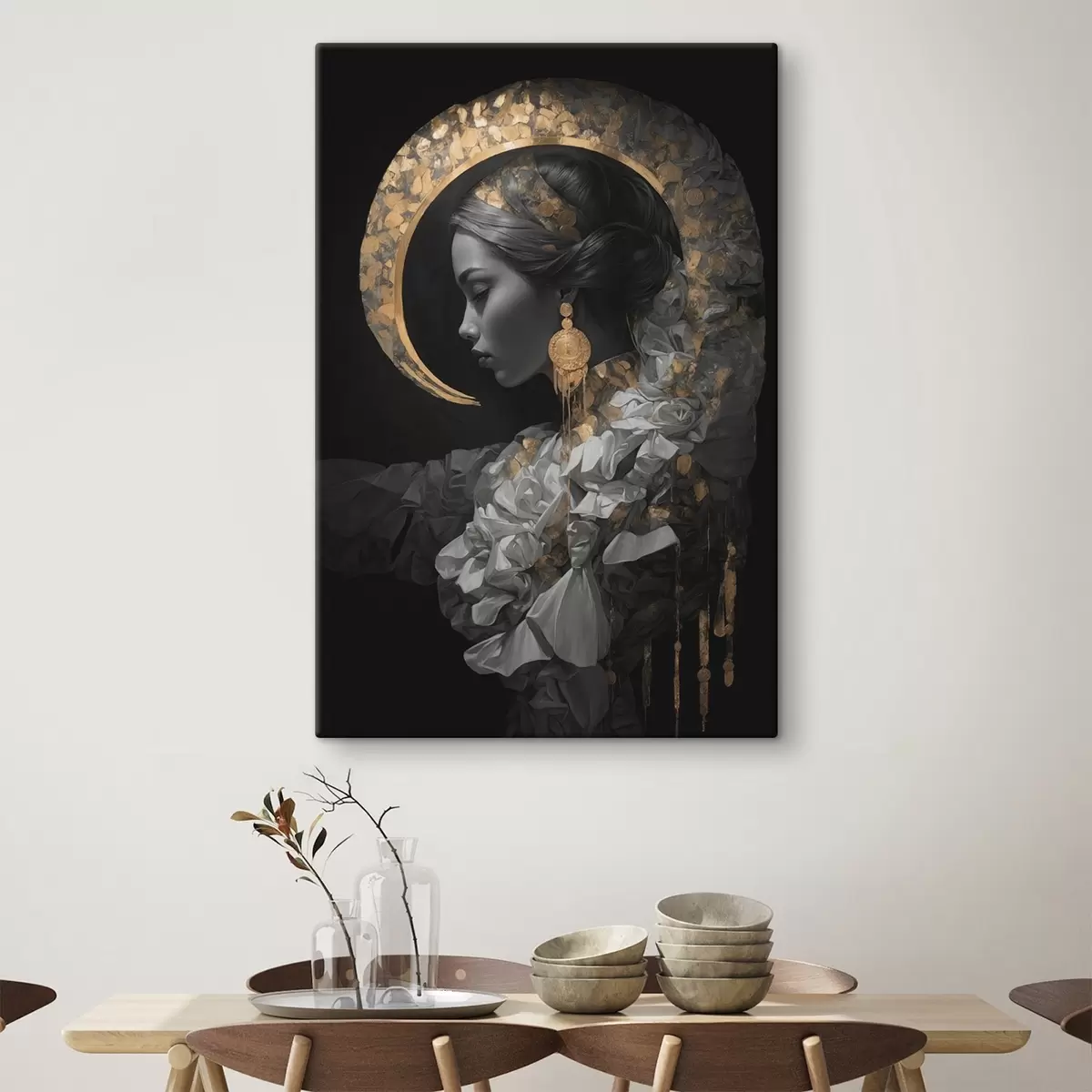 Pilt Tüdruk ja kollane poolkuu mustal taustal s44449