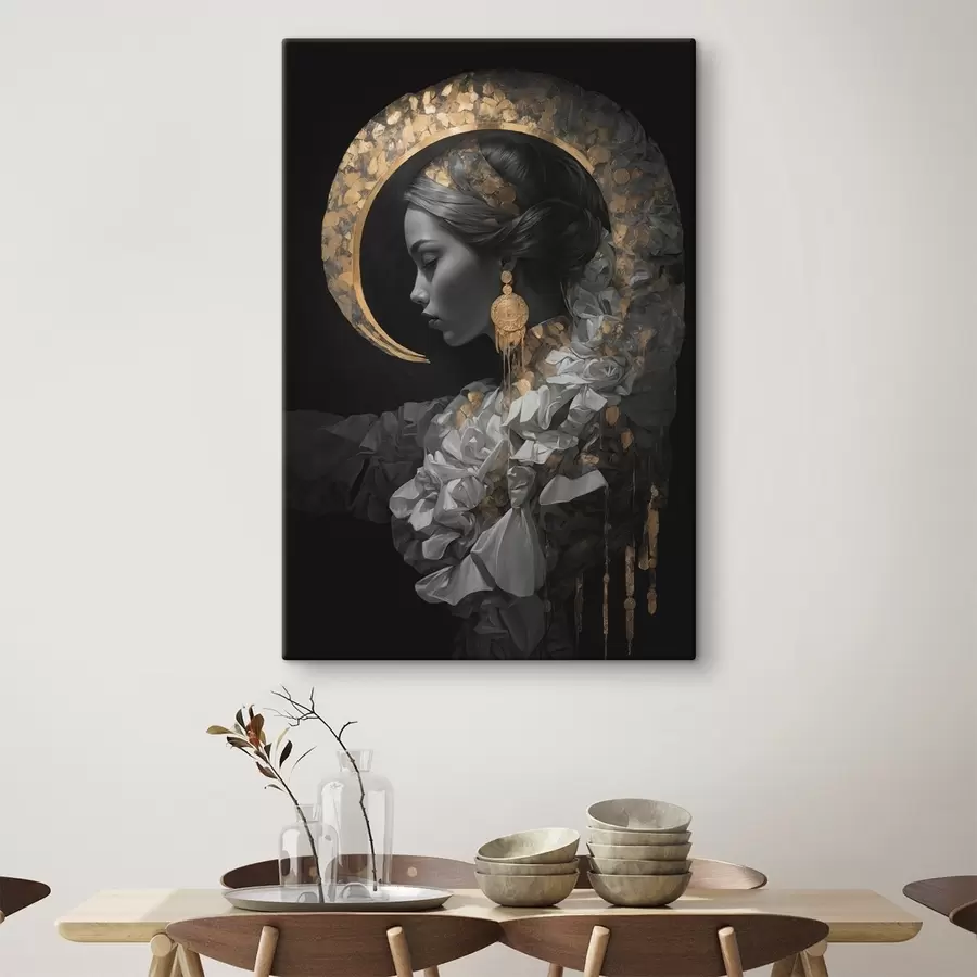 Pilt Tüdruk ja kollane poolkuu mustal taustal s44449