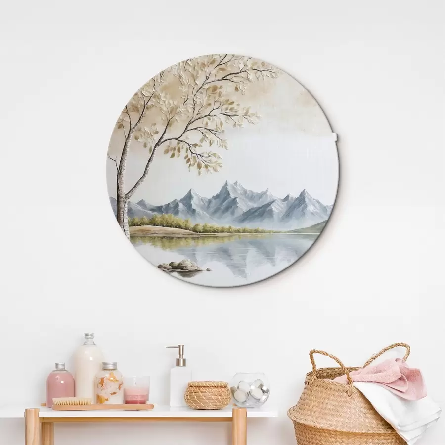 Pilt Puu järvel ja lumised mäed taustal r44459