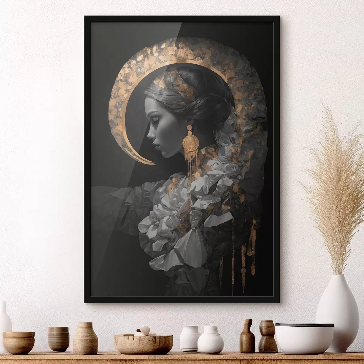 Plakat Tüdruk ja kollane poolkuu mustal taustal f44449