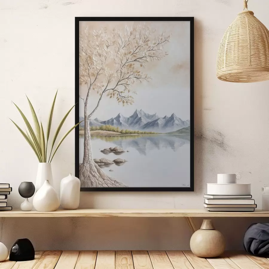 Fototapeedid Puu järvel ja lumised mäed taustal f44459