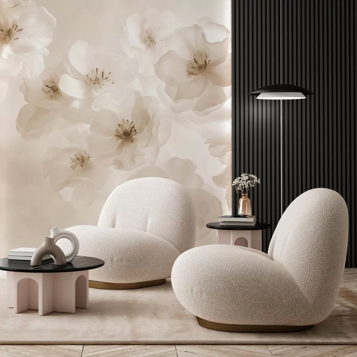 Fototapeedid Õrnad suured lilled, beeži toonides w03931v2