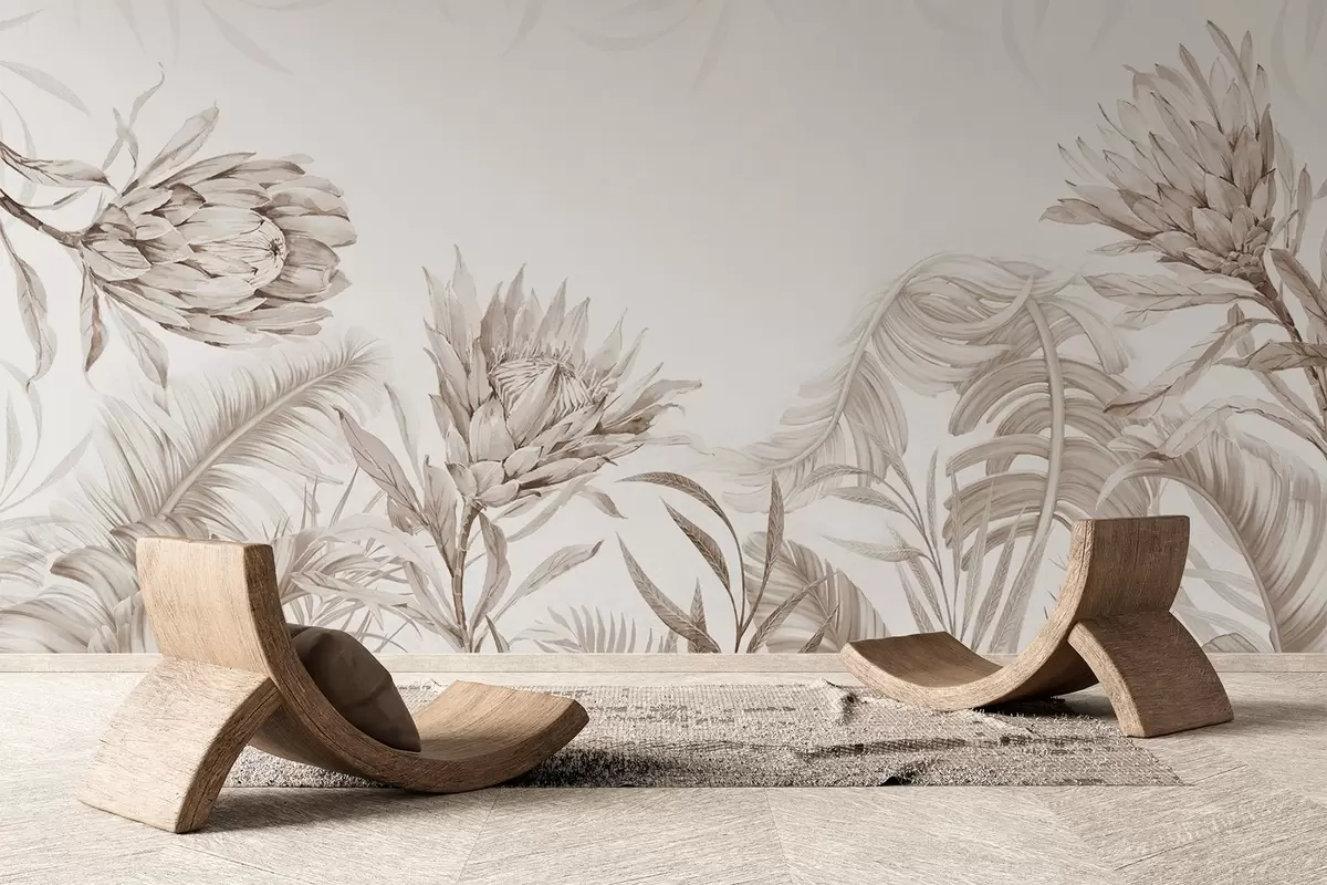 Fototapeedid Protea troopiliste lehtede vahel, beežid toonid w03952