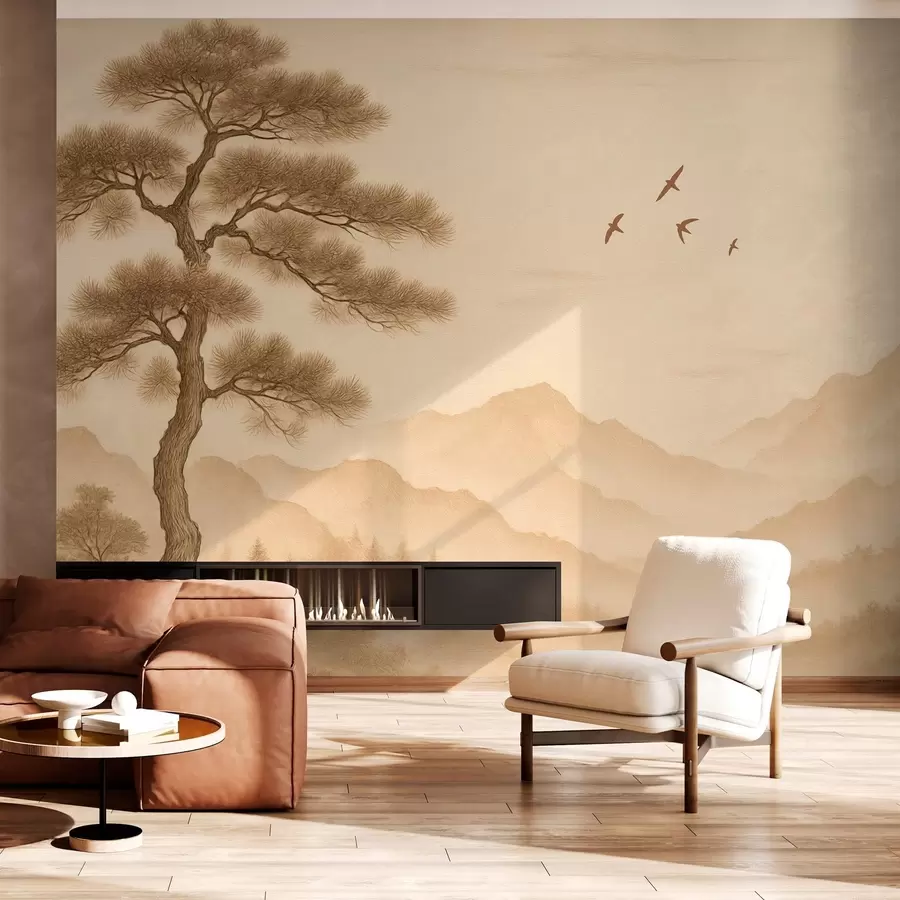 Fototapeedid panoraam mägedest koos suure puuga seepia stiilis w04033