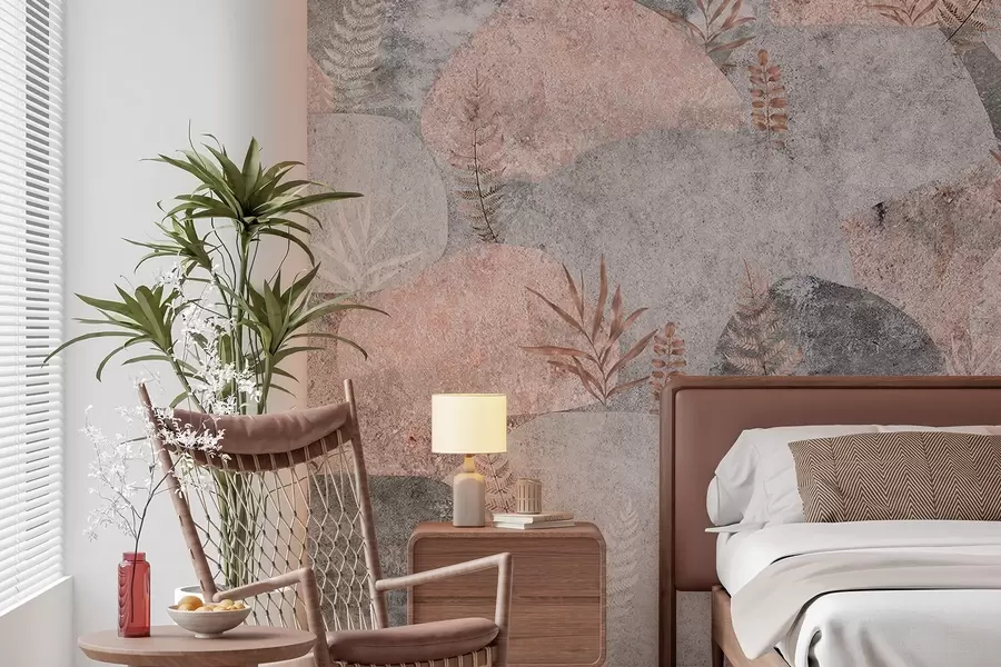 Fototapeedid Taimedega kivid, sõnajalad, põhjamaine, rustikaalne stiil, hallid ja roosad värvid w04064v1