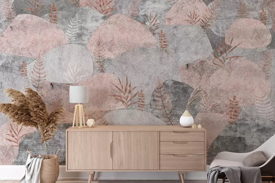 Fototapeedid Taimedega kivid, sõnajalad, põhjamaine, rustikaalne stiil, hallid ja roosad värvid w04064v1