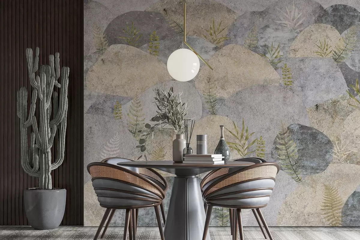 Fototapeedid Taimedega kivid, sõnajalad, põhjamaine, rustikaalne stiil, halli ja liiva värvid w04064