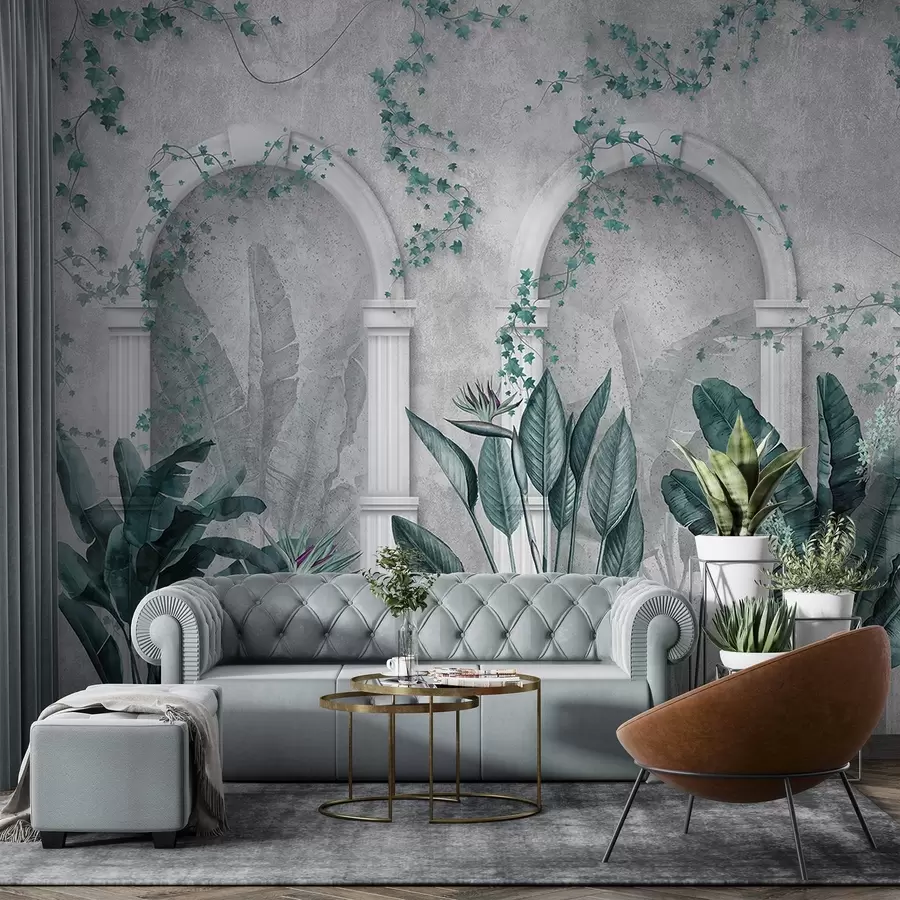 Fototapeedid Betoonist sein koos kaarega ja troopiliste taimedega, lillelised, sinised värvid w04065v2