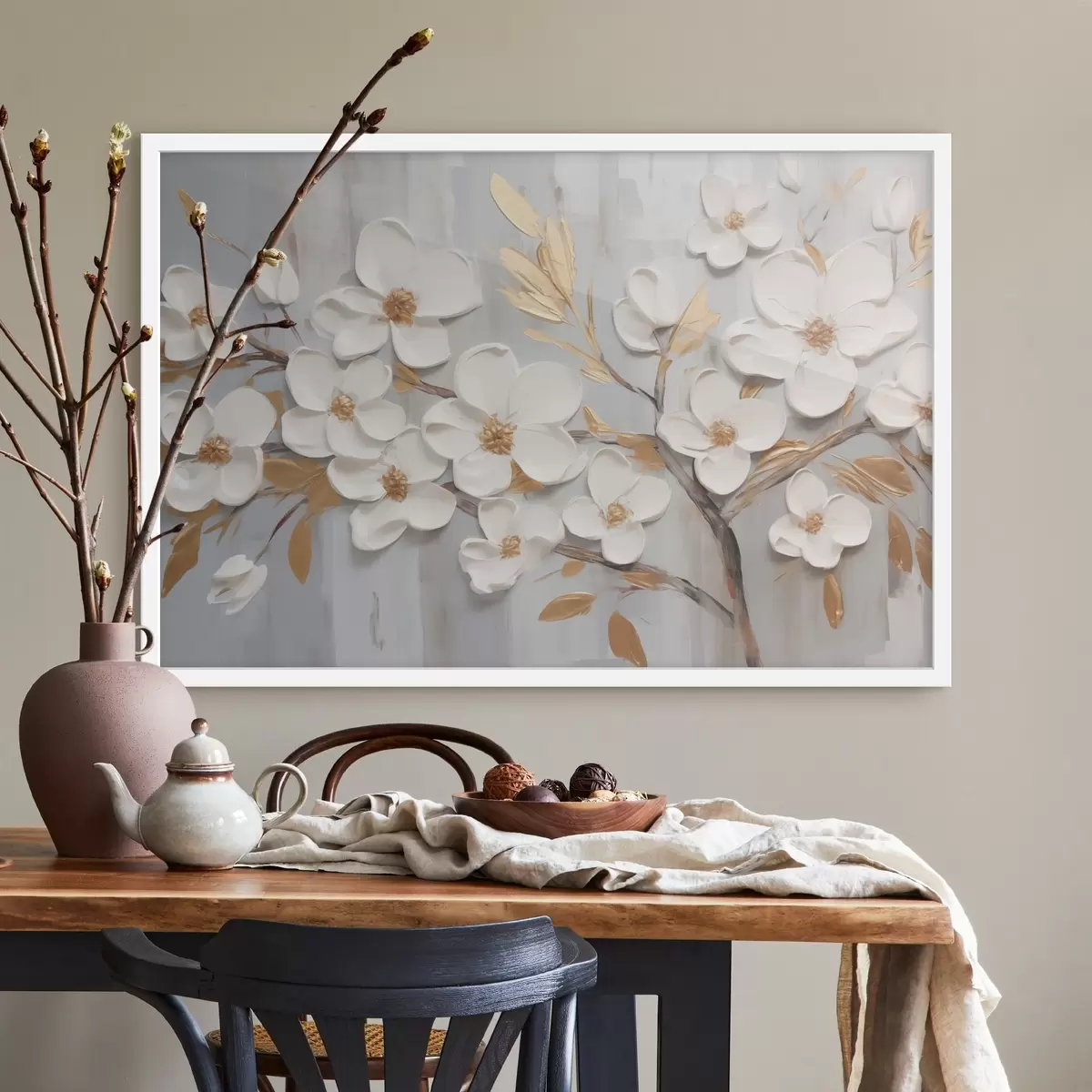 Plakat Valge lillede imitatsiooni maalimine f44586