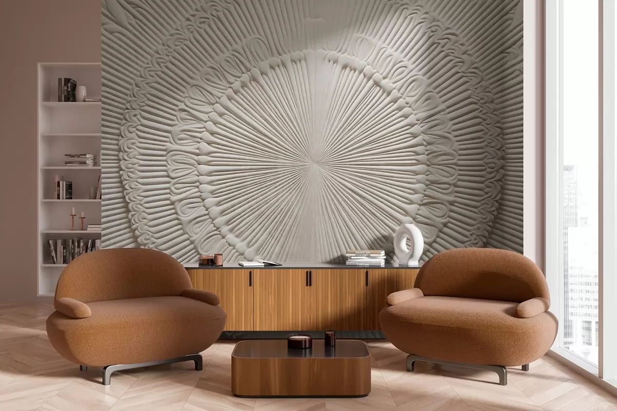 Fototapeedid Abstraktne tekstuurne ümmargune trükis radiaaljoonte ja dekoratiivsete elementidega, sümmeetriline kujundus, reljeefne tekstuur w09154