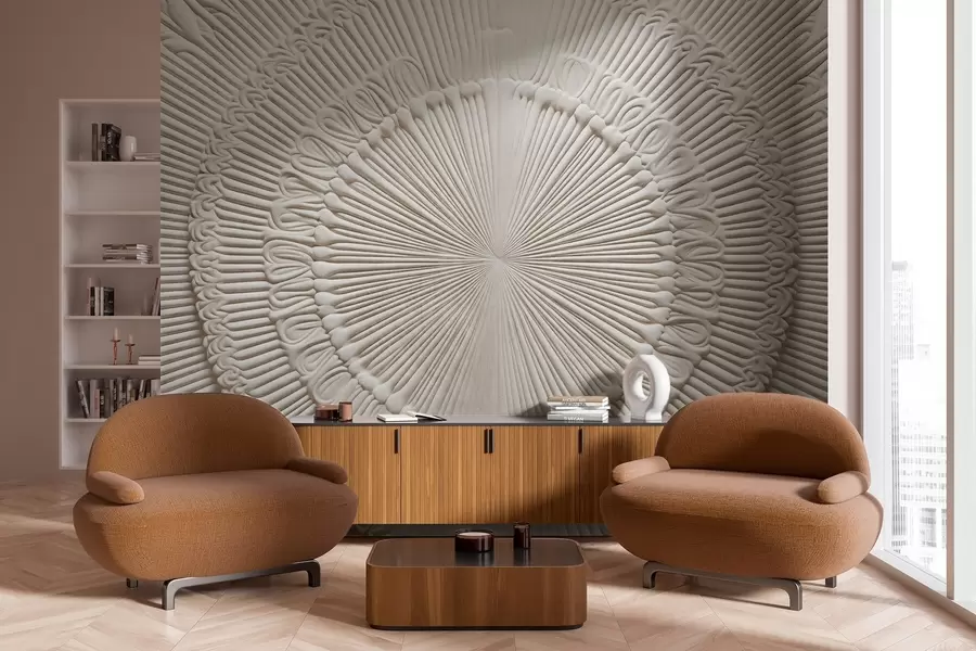 Fototapeedid Abstraktne tekstuurne ümmargune trükis radiaaljoonte ja dekoratiivsete elementidega, sümmeetriline kujundus, reljeefne tekstuur w09154