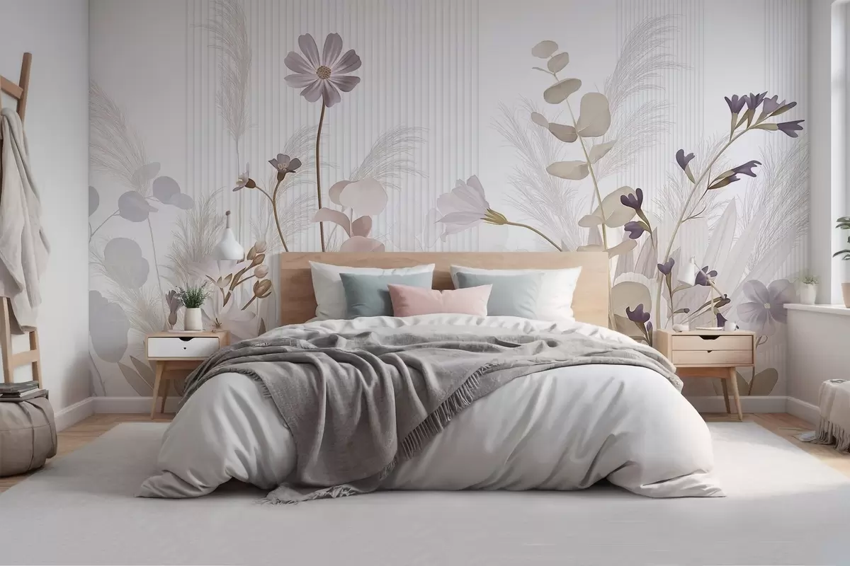 Fototapeedid Pastelsetes toonides lilled, helepruunid lehed, valge taust vertikaalsete joontega, elegantne ja minimalistlik  w09161