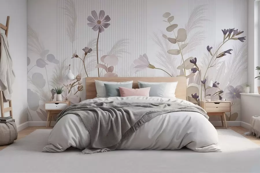 Fototapeedid Pastelsetes toonides lilled, helepruunid lehed, valge taust vertikaalsete joontega, elegantne ja minimalistlik  w09161