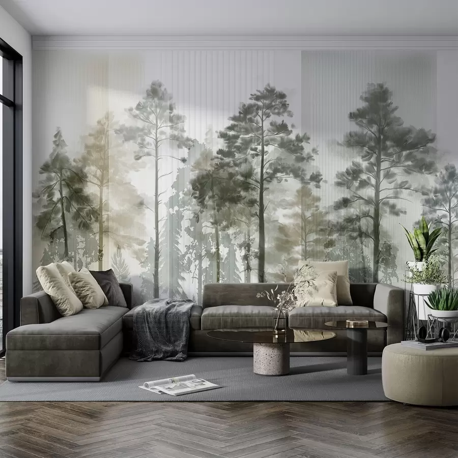 Pilt Tihe mets kõrgete mändidega, lopsakas roheline lehestik, udune atmosfäär koos vertikaalsete joonte tekstuuridega w09163