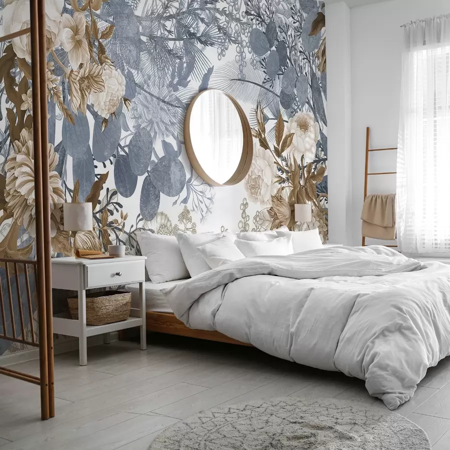 Fototapeedid Vintage lilleseade rooside, eukalüpti ja mimoosaga sinistes ja pruunides toonides  w09164