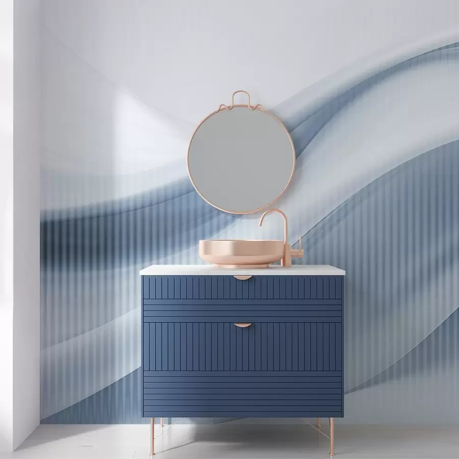 Fototapeedid Abstraktne trükk voolavate joonte ja peente vertikaalsete triipudega, mis loovad liikumise ja sügavuse tunde, sinine värvipalett w09189v1