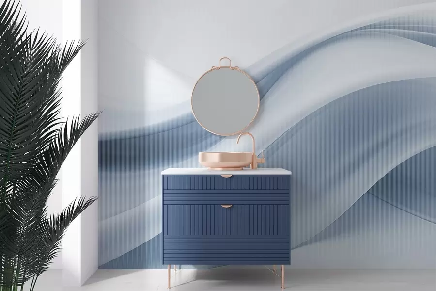 Fototapeedid Abstraktne trükk voolavate joonte ja peente vertikaalsete triipudega, mis loovad liikumise ja sügavuse tunde, sinine värvipalett w09189v1