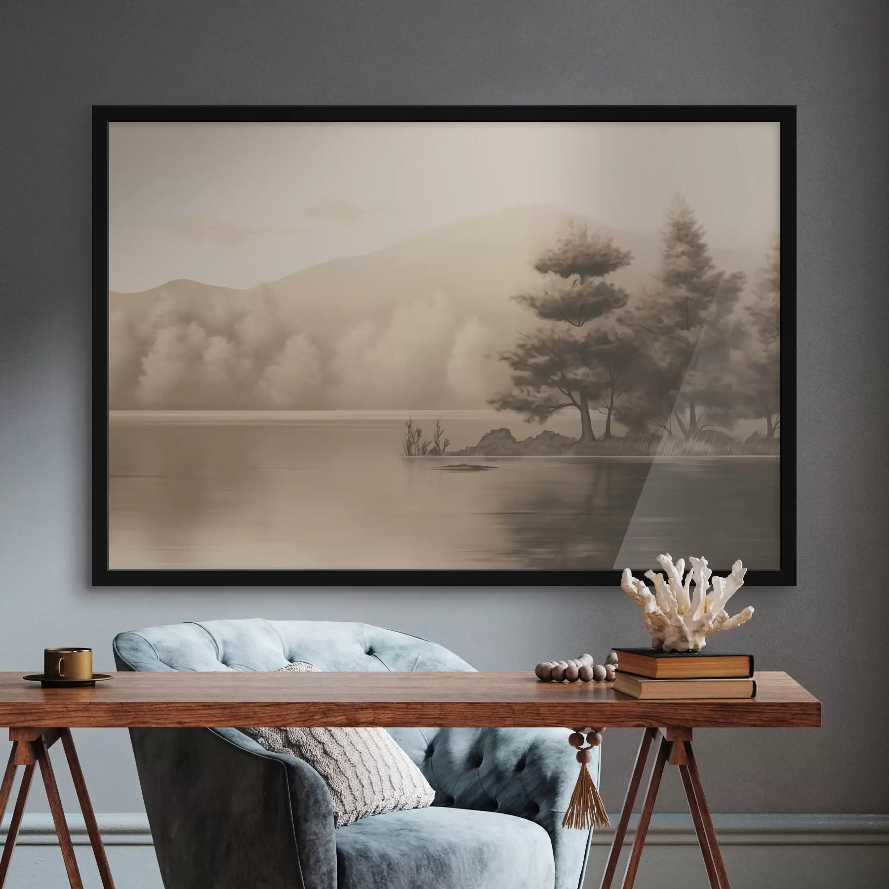 Pilt Järv ja puud seepia toonis f44633