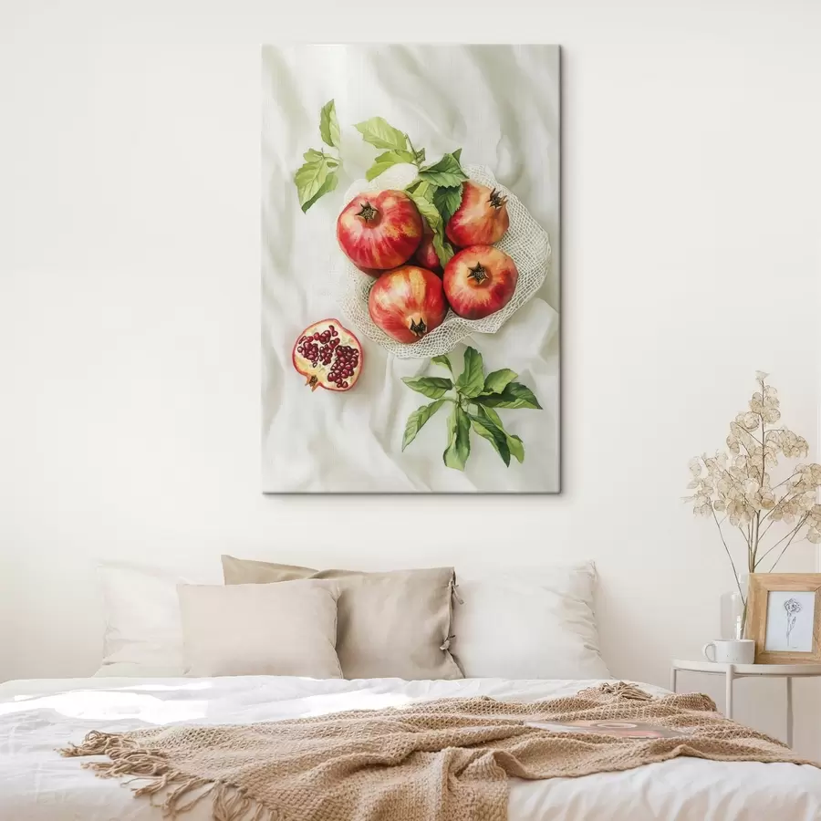 Pilt Granaatõunad piparmündilehtedega linasest laudlinast, rustikaalne stiil s44611