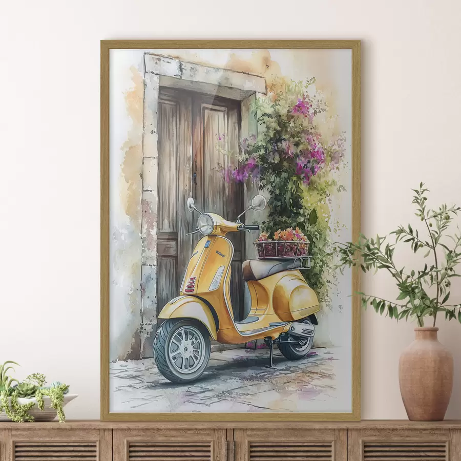 Fototapeedid Kollane Vespa roller lilledega puidust ukse juures f44607