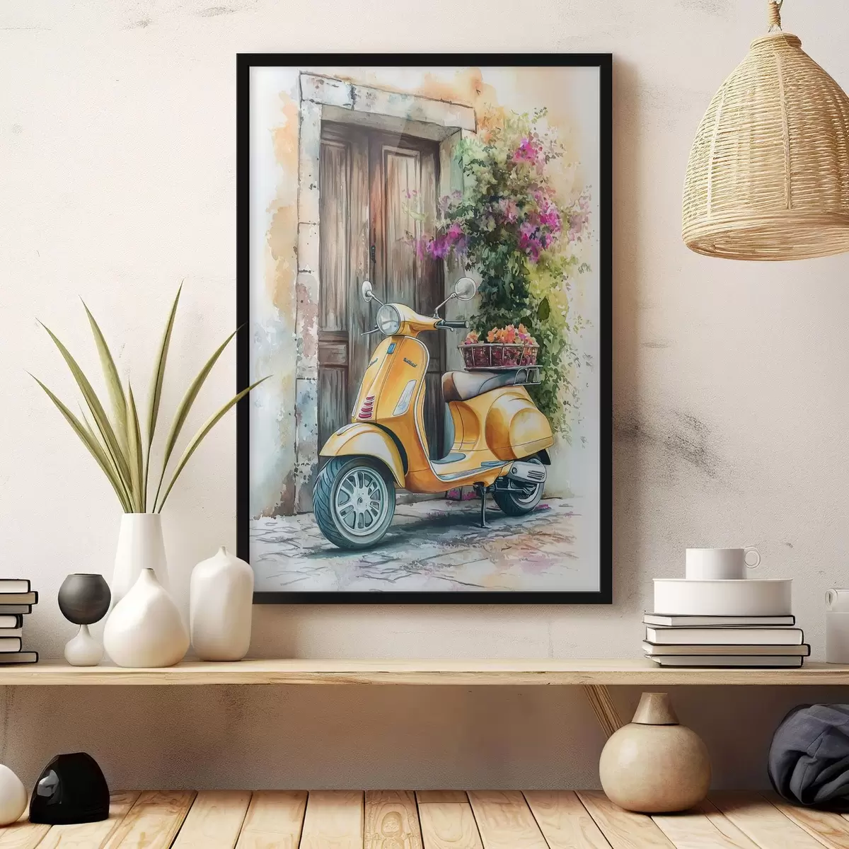 Plakat Kollane Vespa roller lilledega puidust ukse juures f44607