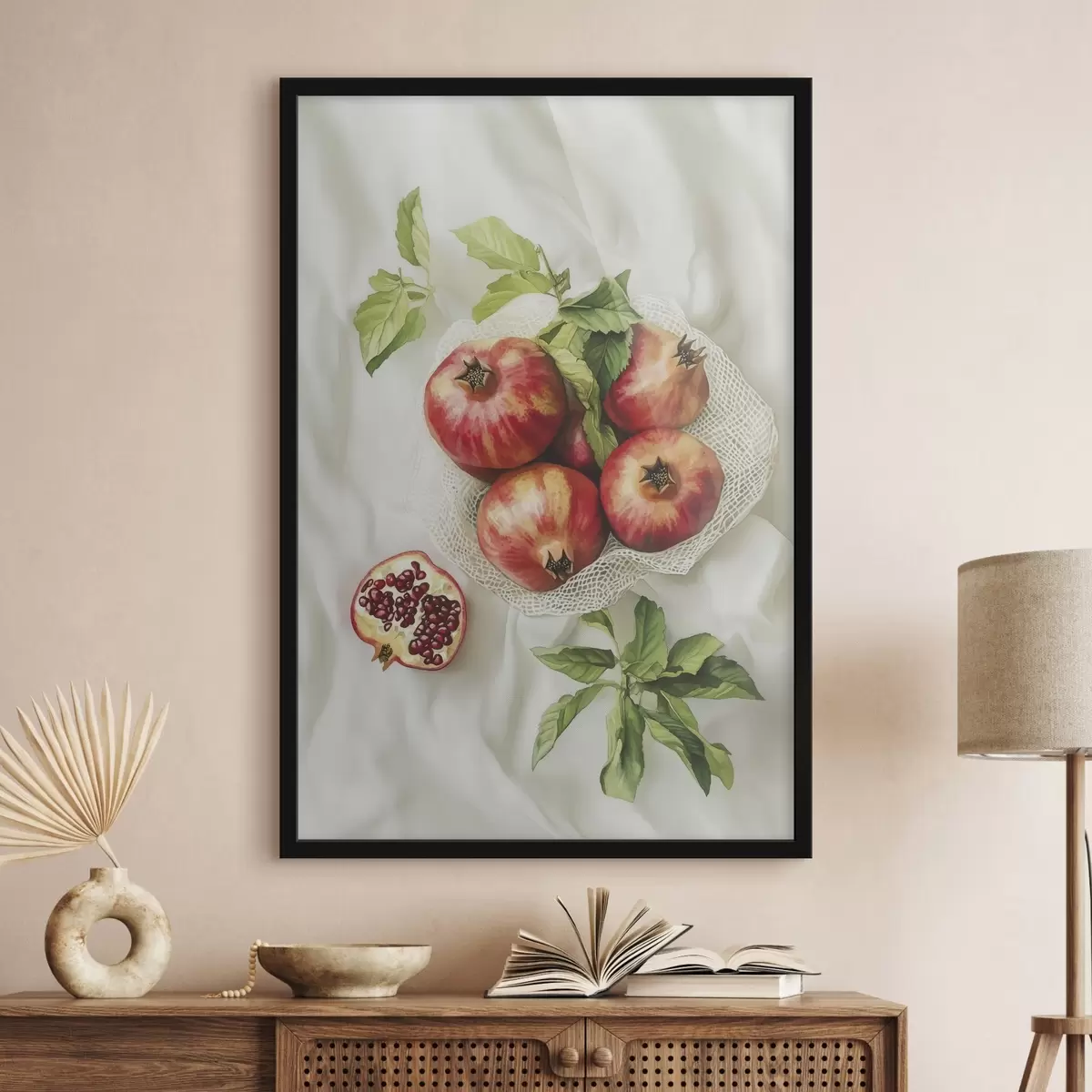 Plakat Granaatõunad piparmündilehtedega linasest laudlinast, rustikaalne stiil f44611