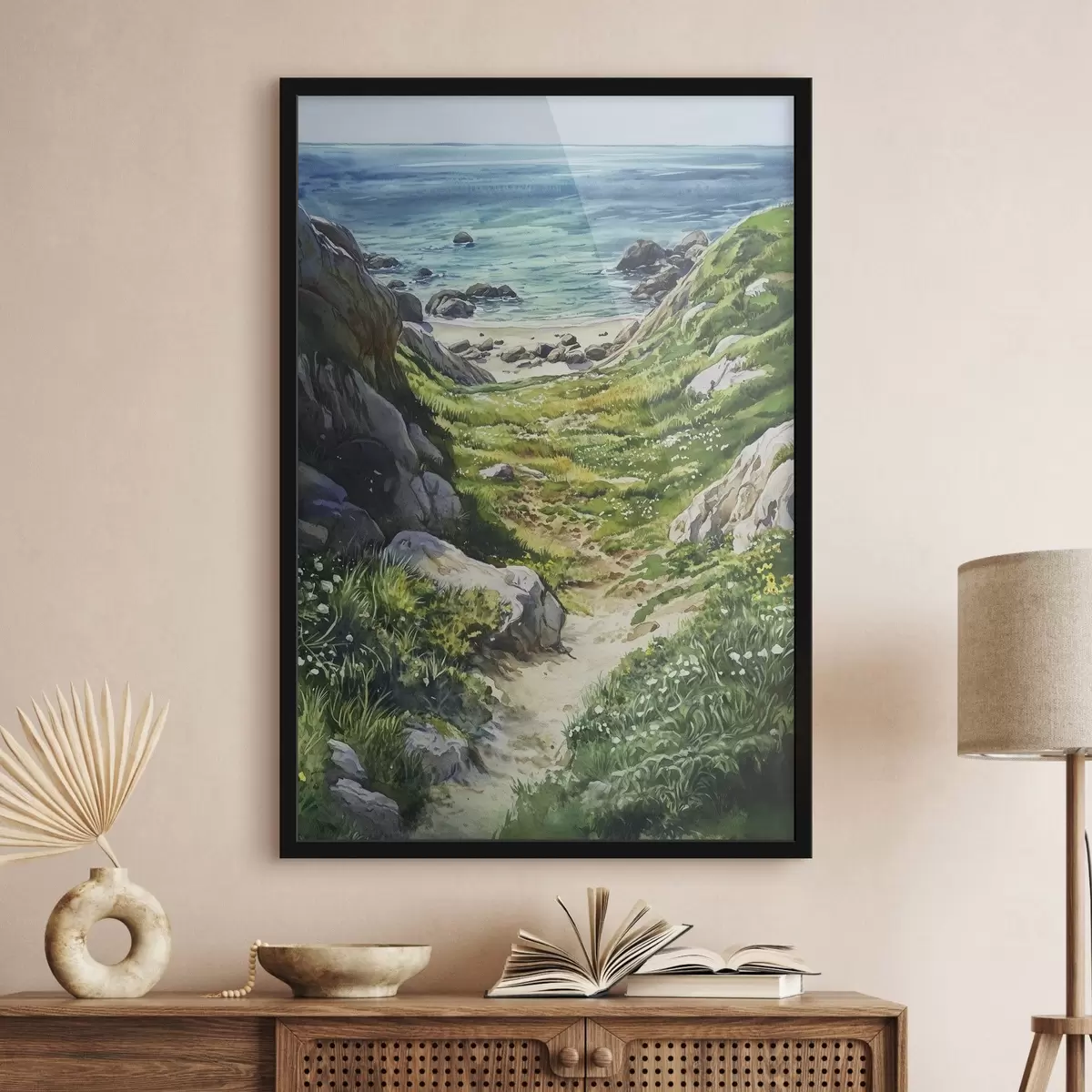 Plakat Mererannik koos kivide ja rohelise rohuga, akvarellstiilis, suvi f44616