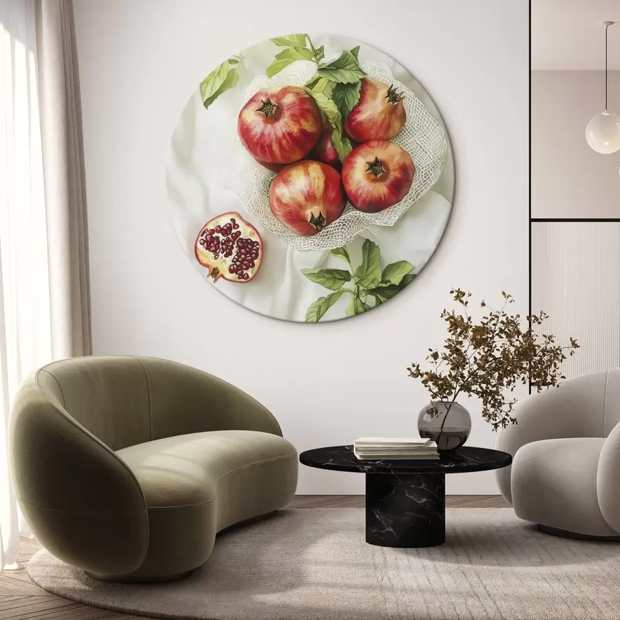 Pilt Granaatõunad piparmündilehtedega linasest laudlinast, rustikaalne stiil r44611