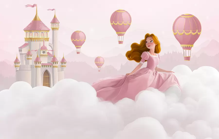 Fototapeedid Printsess pilvede keskel maastiku taustal koos lossiga w04015v1