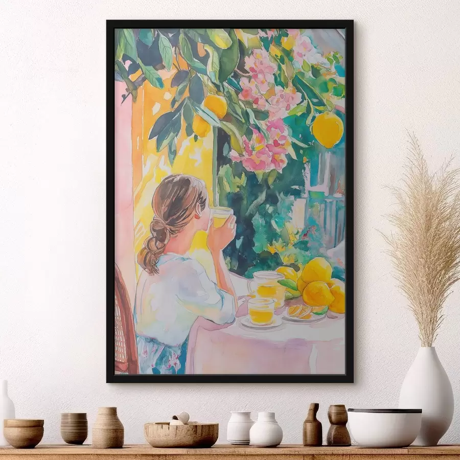 Fototapeedid Suvine vibes, tüdruk kohvikus, limoncello, Itaalia, akvarellstiil f44505