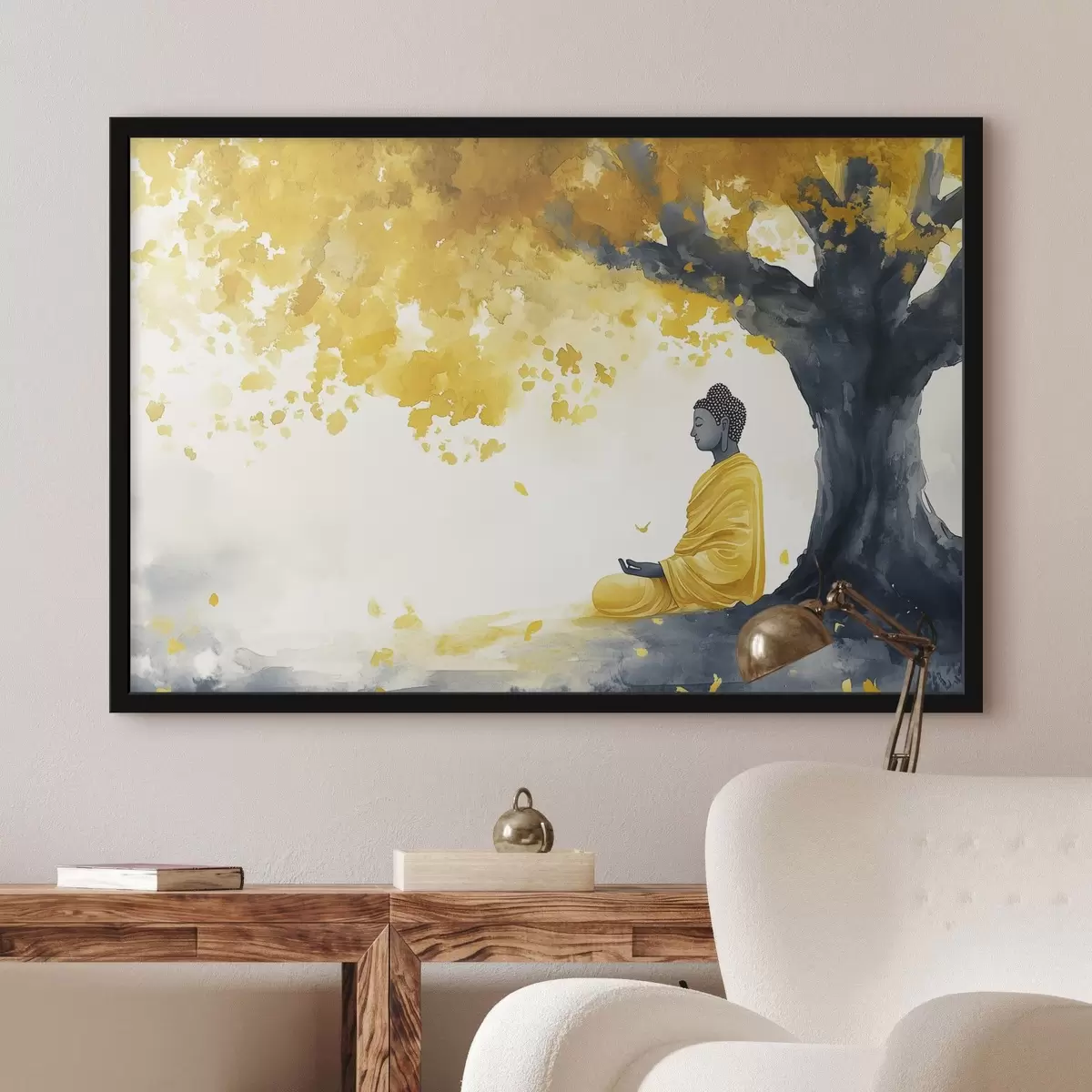 Plakat Mediteeriv Buddha puu all, kollased ja hallid värvid f44509