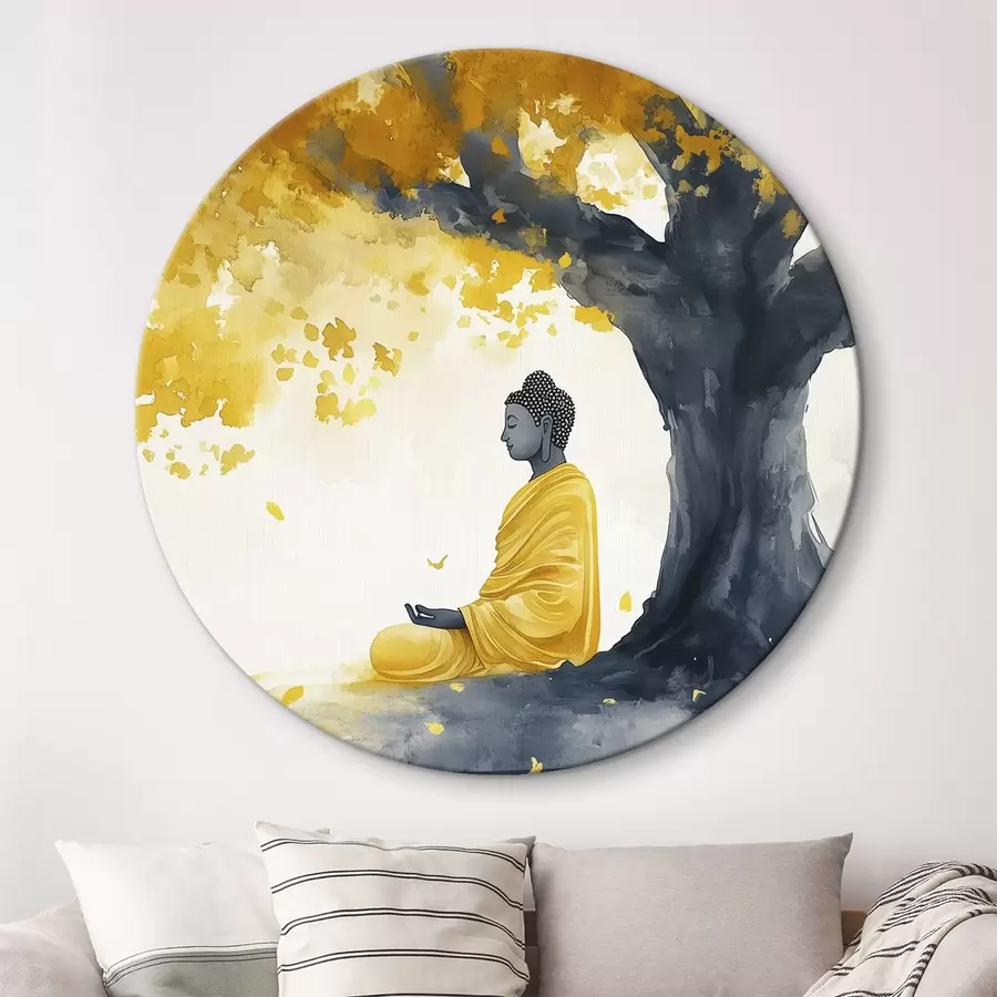 Pilt Mediteeriv Buddha puu all, kollased ja hallid värvid r44509